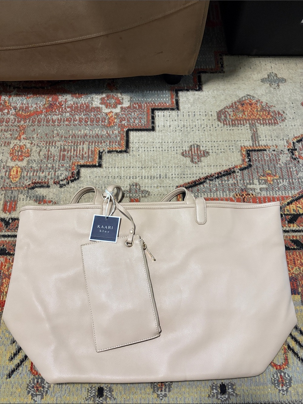 Kaari Blue Soft Cream Pebbled Tote with Zip Pouch